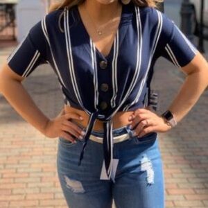 NWOT HYFVE Striped Button Tie-Front Crop Short Sleeve Top- Navy/White Si…